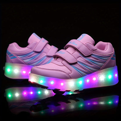 Kids Light-Up Wheeled Shoes with Removable Rollers LED Sneakers Hook-and-Loop Strap Pink Faux Leather for Boys Girls Active Play