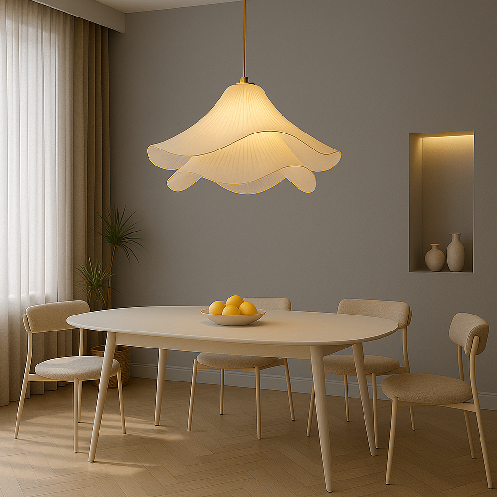 Floral Fabric Pendant Light for Dining Room – Adjustable Ceiling Fixture with Soft Layered Design, 16-24 in Sizes, E26 Socket, Modern Home L