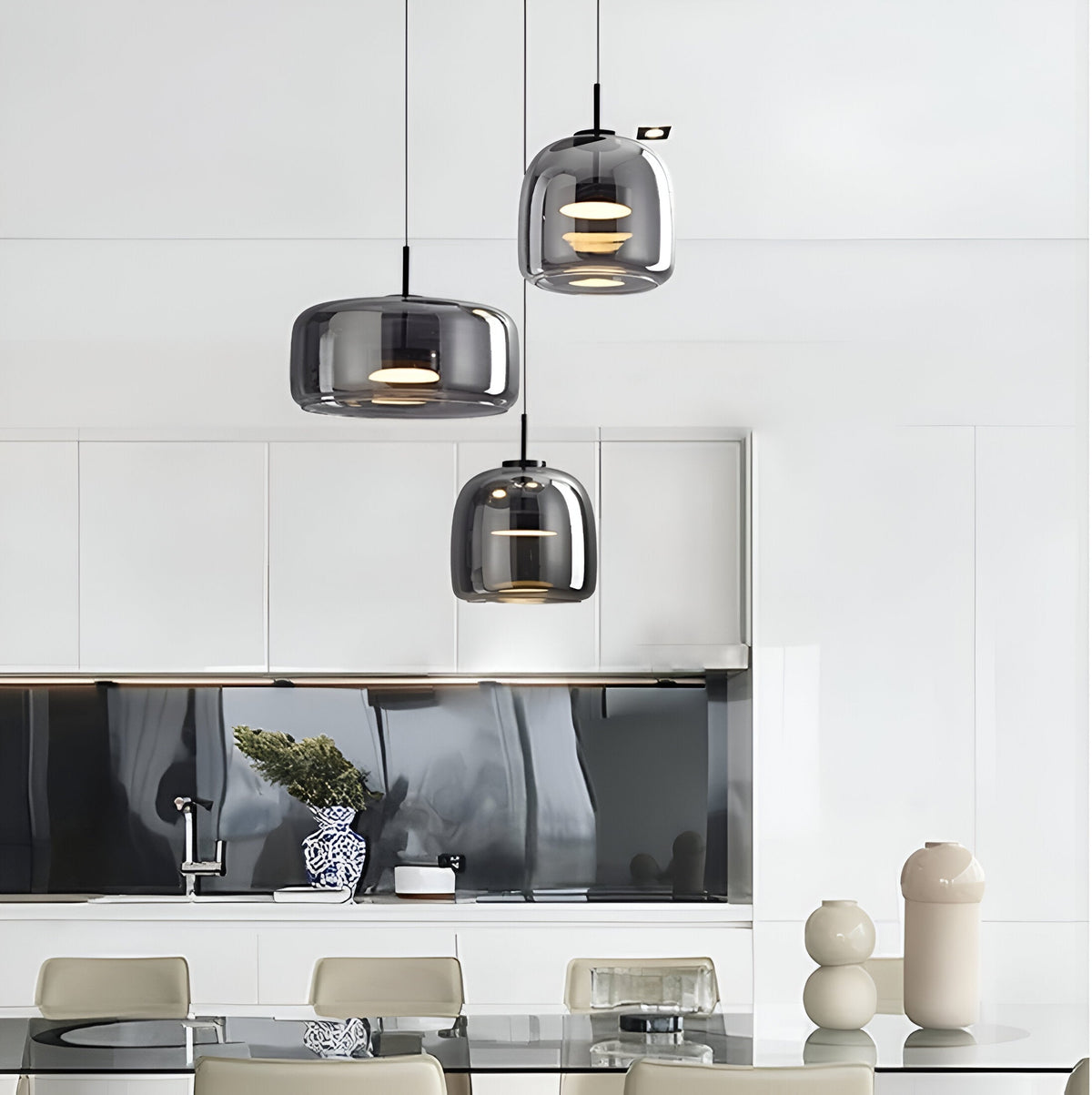Triple Glass Dome Ceiling Light 15 in Adjustable Height for Kitchen Island Dining Room Modern Hanging Fixture Gray Smoked Finish