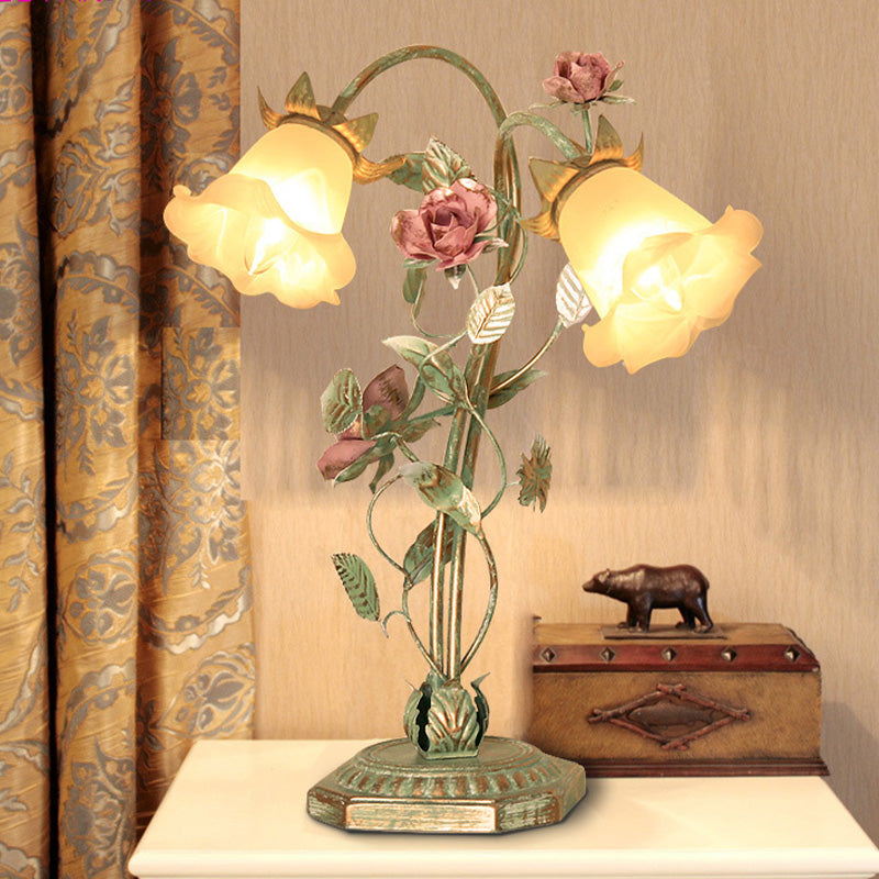 Vintage Metal Nightstand Lamp with Floral Glass Shade for Bedroom, Bedside Table Accent Light, Shabby Chic Cottage Décor