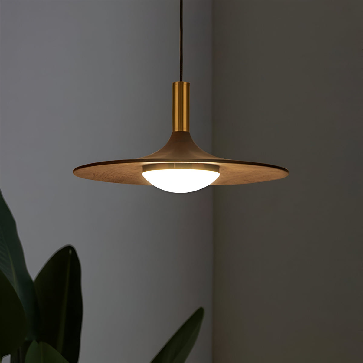 Sculptural Metal Shade Ceiling Fixture with Organic Wood-Tone Accent – 10 in or 14 in Drop Light for Island Counter Bar and Breakfast Nook –