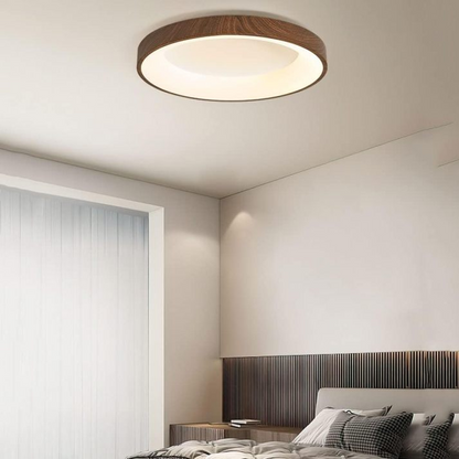 Round Flush Mount LED Fixture 14 in Wood Grain Acrylic Iron Low Profile for Bedroom Hallway Kitchen Entry Modern Scandinavian