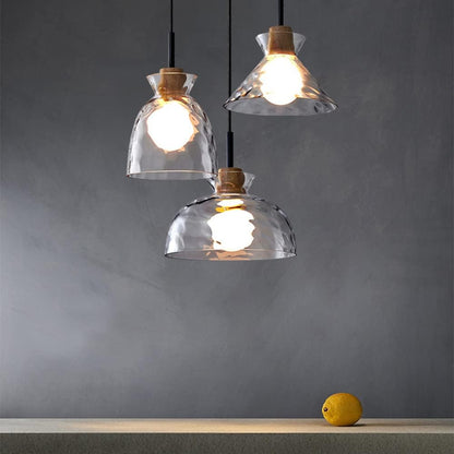 Wood & Glass Drop Light for Counter | Adjustable Height Cord Fixture with Clear Textured Shade | Nordic Style