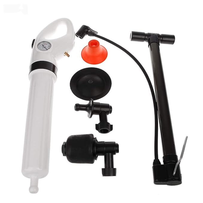 Pneumatic Drain Blaster Tool Kit for Sinks Toilets Tubs | Professional Pressure Pump Clog Remover System with 3 Nozzles | Unclogs Drains