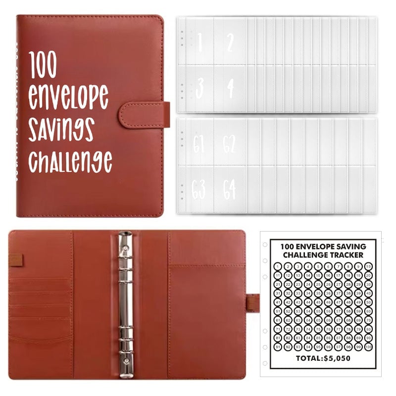 100-Envelope Money Saving Binder with Cash Envelopes for Budget Tracking & Financial Goals | PU Leather Organizer for Home Finance