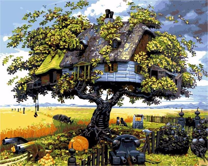 Kit de pintura por números para adultos y niños – Escena de bosque con casa del árbol – Proyecto de arte relajante con pinturas y pinceles