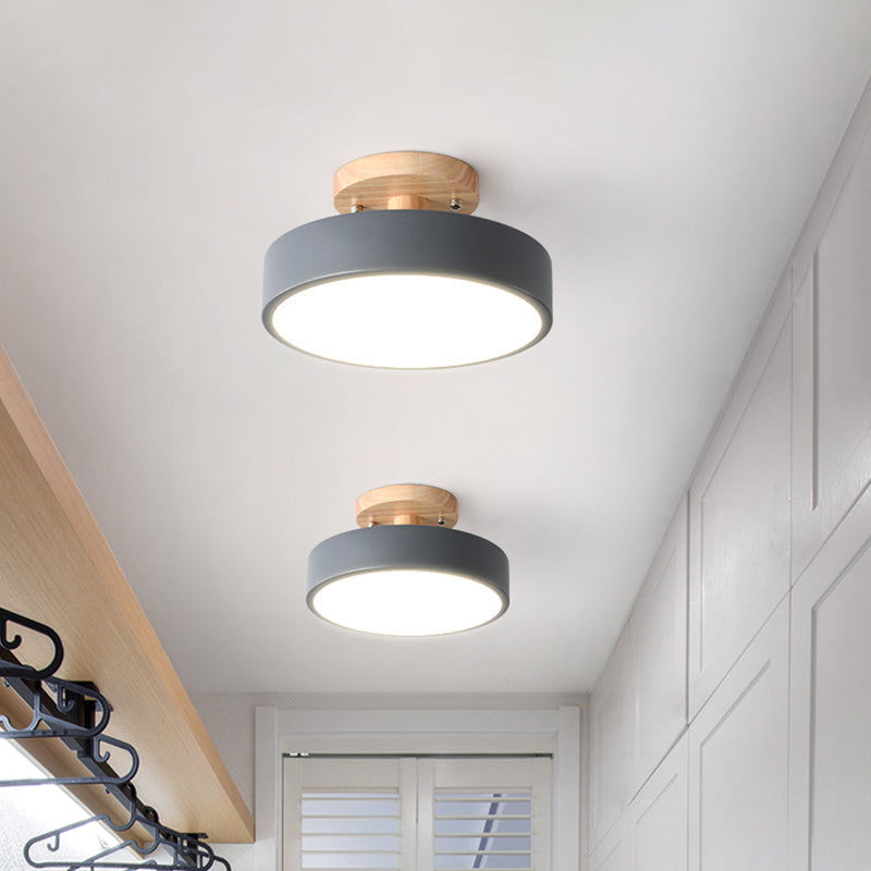 Modern LED Ceiling Light 8-Inch Drum with Wood Accent for Hallways Bedrooms Living Rooms Semi-Flush Mount Metal Fixture Nordic Style