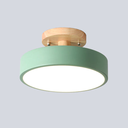 Modern LED Ceiling Light 8-Inch Drum with Wood Accent for Hallways Bedrooms Living Rooms Semi-Flush Mount Metal Fixture Nordic Style