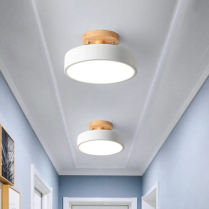 Modern LED Ceiling Light 8-Inch Drum with Wood Accent for Hallways Bedrooms Living Rooms Semi-Flush Mount Metal Fixture Nordic Style