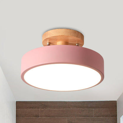 Modern LED Ceiling Light 8-Inch Drum with Wood Accent for Hallways Bedrooms Living Rooms Semi-Flush Mount Metal Fixture Nordic Style