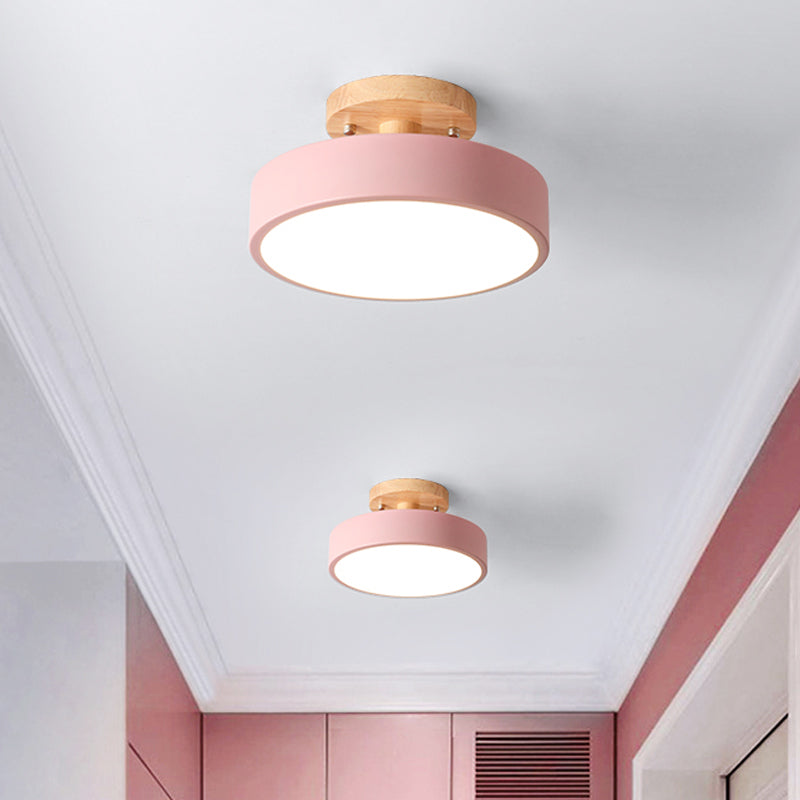 Modern LED Ceiling Light 8-Inch Drum with Wood Accent for Hallways Bedrooms Living Rooms Semi-Flush Mount Metal Fixture Nordic Style