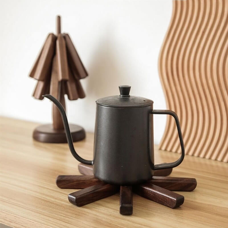 Wooden Heat Protector for Hot Pans & Pots — Walnut Folding Stand with Tree-Inspired Shape for Kitchen Tables, Countertops & Dining Rooms