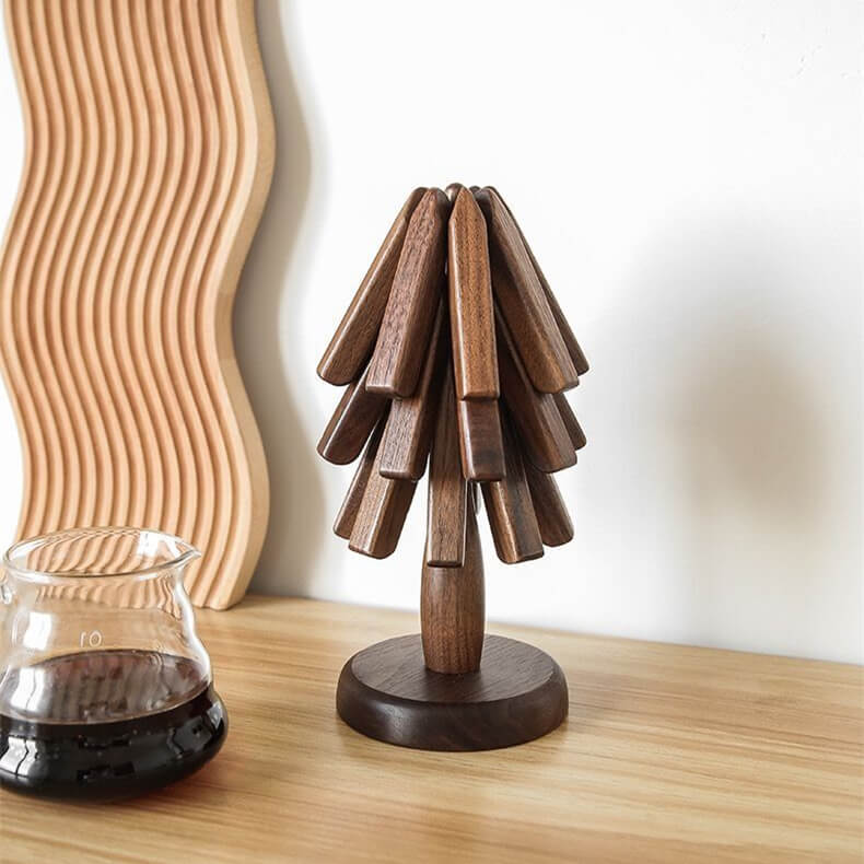 Wooden Heat Protector for Hot Pans & Pots — Walnut Folding Stand with Tree-Inspired Shape for Kitchen Tables, Countertops & Dining Rooms