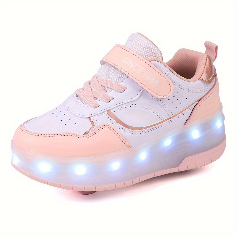 Light-Up Roller Skate Shoes for Kids with Detachable Wheels Purple Rechargeable Sneakers Boys Girls Indoor Outdoor Heelys-Style Footwear Ath