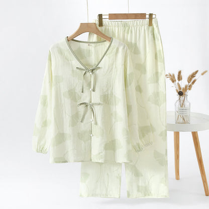 Women's Cotton Pajama Set with Ginkgo Leaf Print and Bow Tie Detail for Lounging at Home