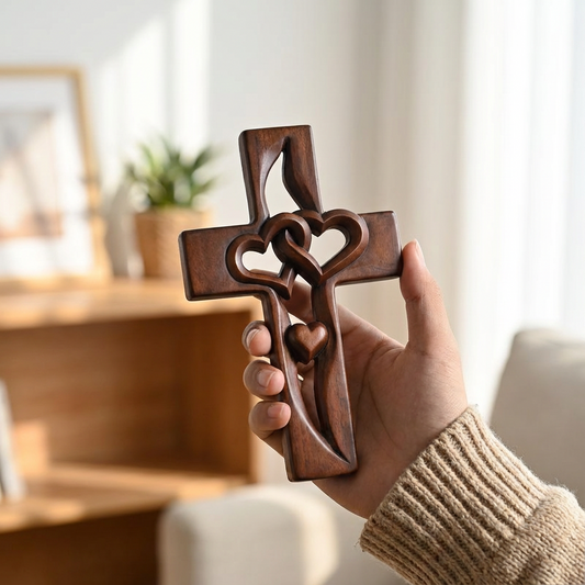 Arte de pared de cruz de madera con corazones dobles para sala de estar, dormitorio, entrada, decoración de fe, símbolo religioso hecho a mano