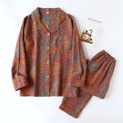 Women's Cotton Pajama Set with Botanical Leaf Print & Button-Down Top for Lounging