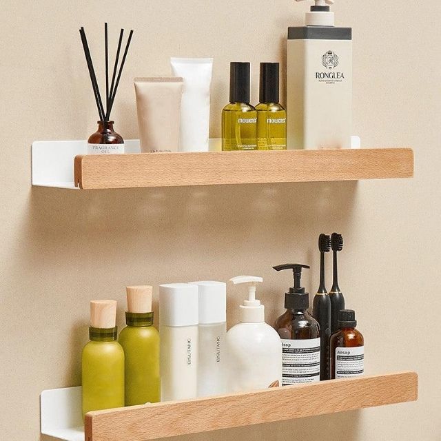 Adhesive Wood Floating Ledge for Bathroom & Kitchen Organization | No-Drill Storage Rack | Space-Saving Holder for Toiletries & Essentials