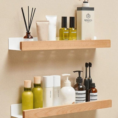 Adhesive Wood Floating Ledge for Bathroom & Kitchen Organization | No-Drill Storage Rack | Space-Saving Holder for Toiletries & Essentials