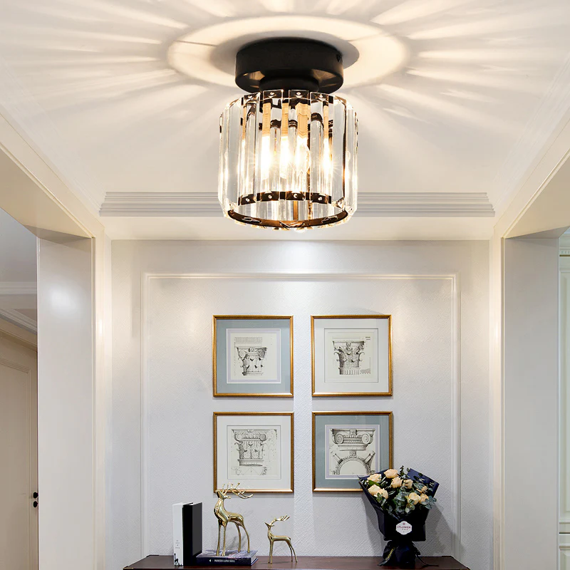 Flush Mount Crystal Light Fixture E27 Socket Black Gold for Bedroom Living Room Hallway Indoor Home Décor Compact Reflective Shade Elegant A