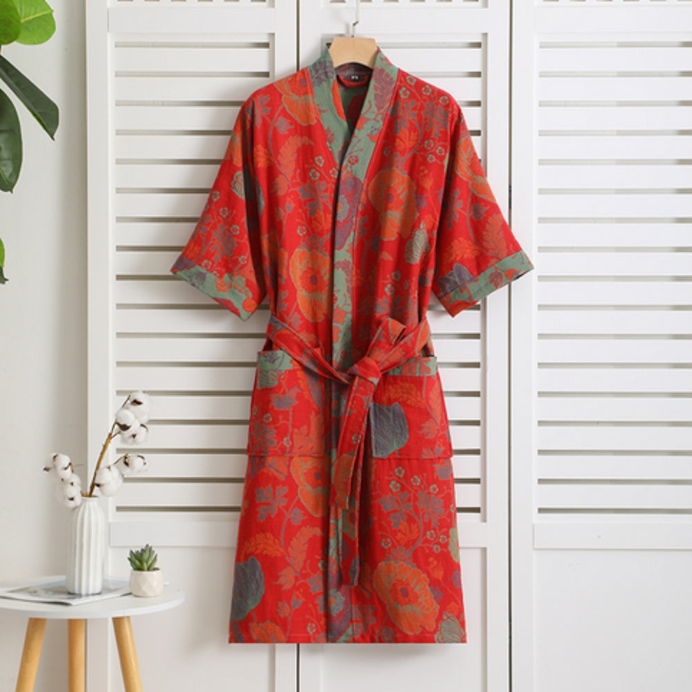 Cotton Gauze Robe with Vintage Print – Lightweight Breathable Loungewear for Women | Soft Double-Layer Spa Robe for Home Relaxation