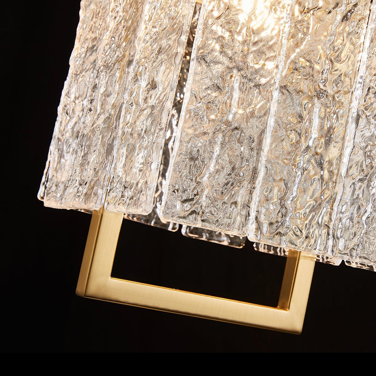 Square Cage Pendant Light Fixture with Textured Glass Shade & Gold Frame for Dining Room, Kitchen Island, Bedroom