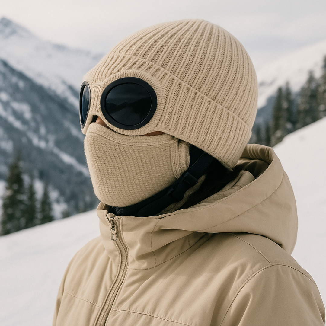 Knit Beanie with Flip-Down Goggles – Windproof Winter Hat for Outdoor Activities