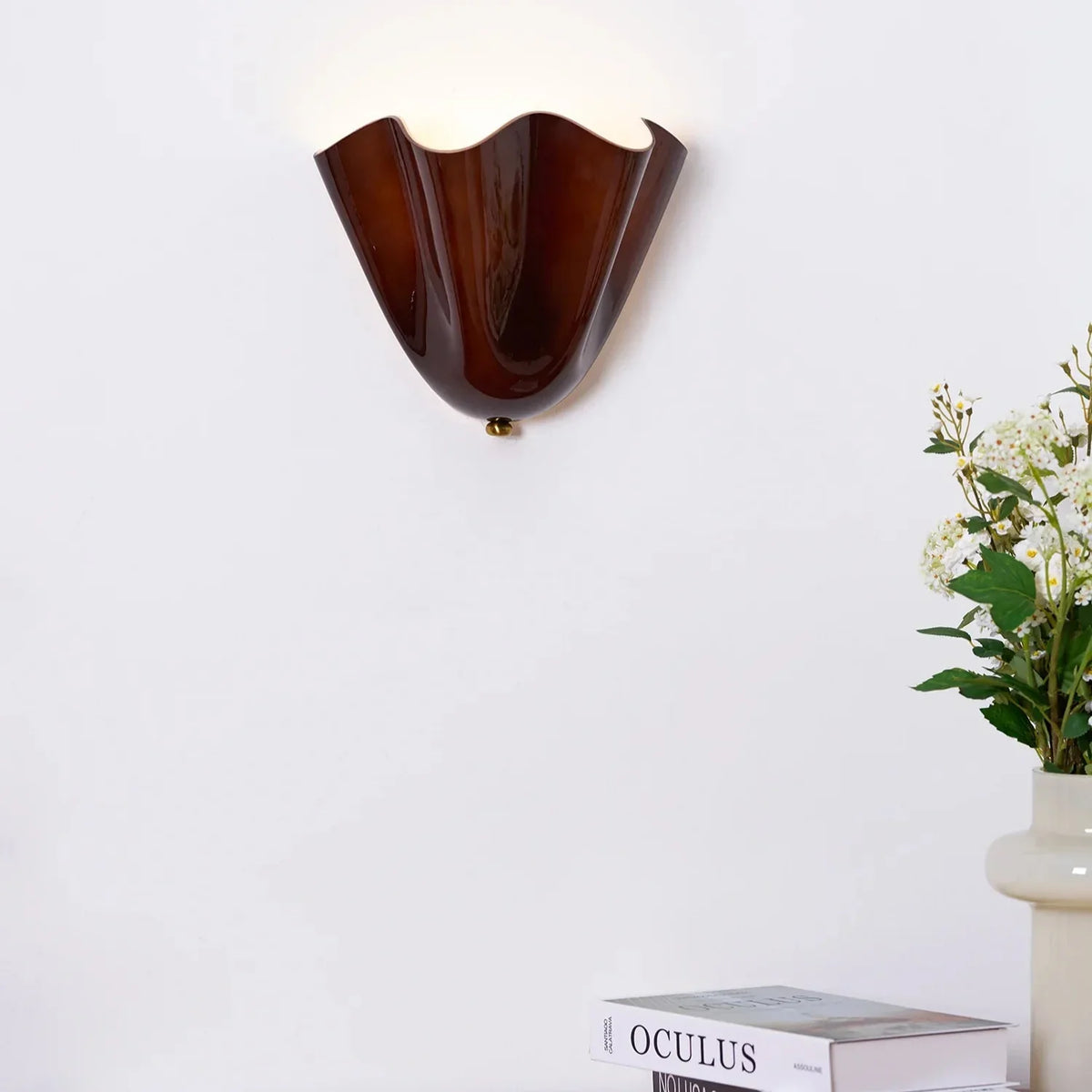 Shell-Inspired Glass Sconce 11 Inch Wide Vintage Iron Bedside Fixture Warm Ambient Hallway Lighting E14 Base Brown Green Beige Tinted Shade