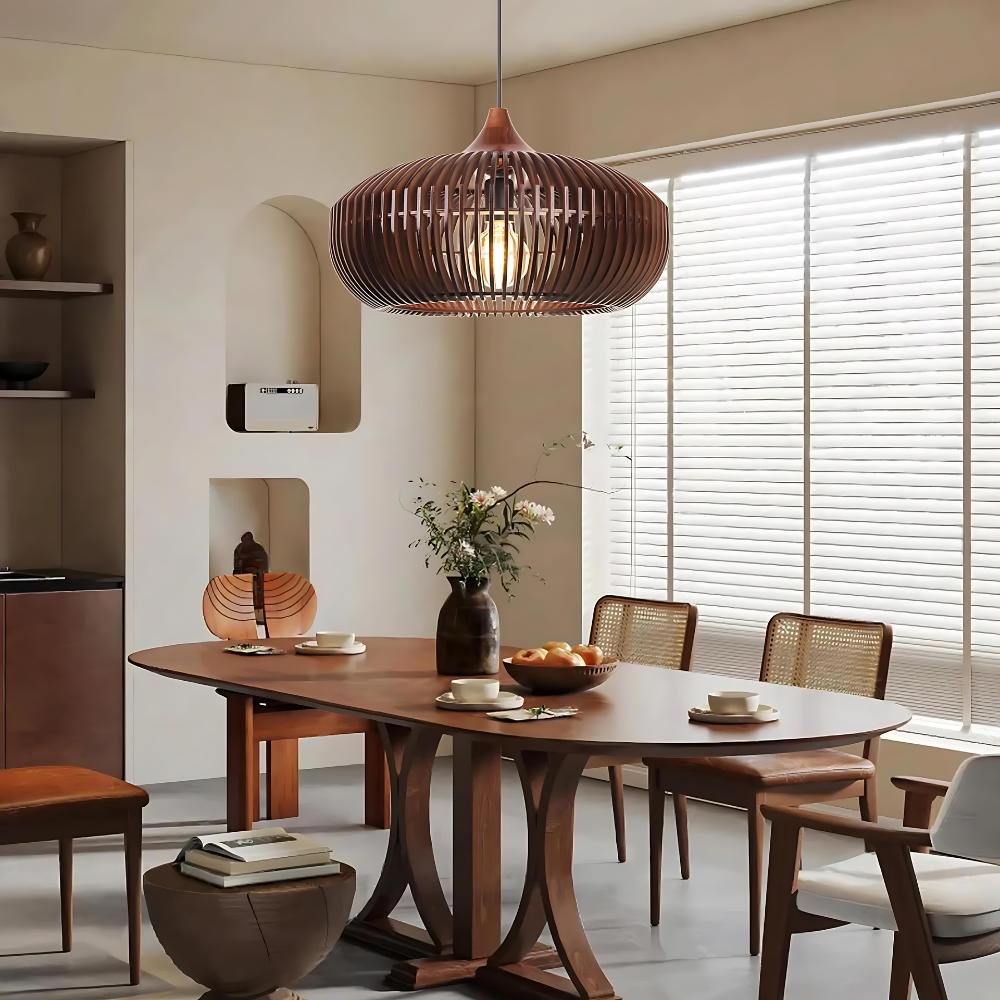 Lámpara de techo redonda de listones de madera natural de 17 pulgadas estilo Japandi, luz colgante ambiental para mesa de comedor, isla de cocina o sala de estar