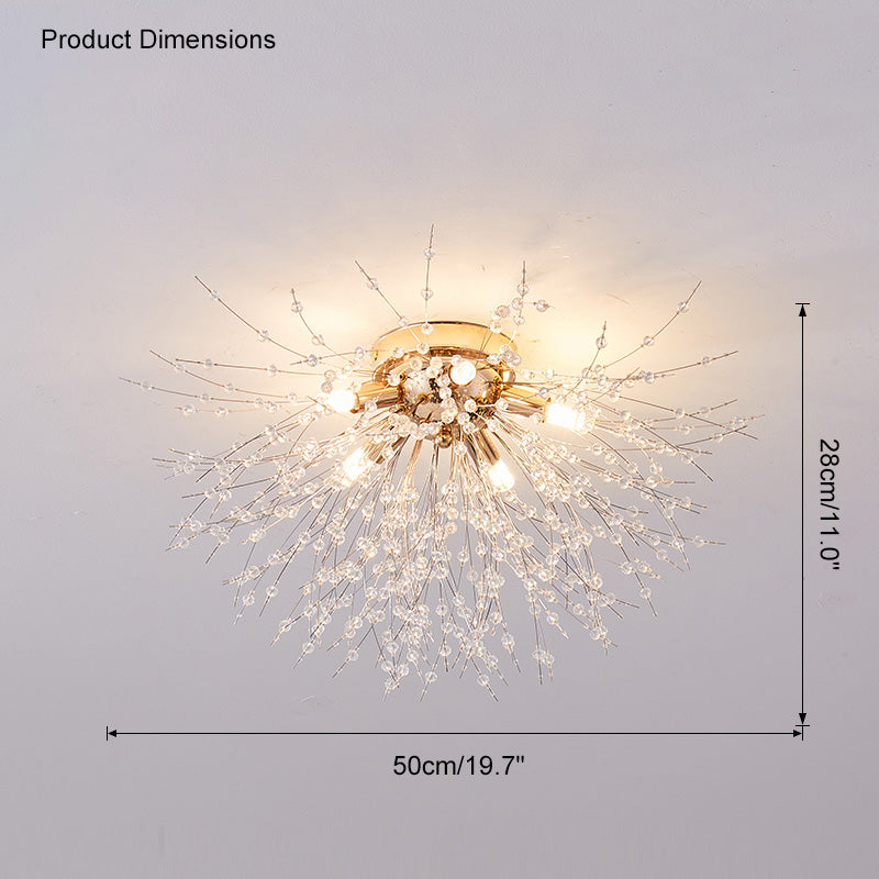 Lámpara de techo de montaje empotrado con diseño de diente de león de cristal: accesorio de 16 pulgadas en dorado y plateado para dormitorio, pasillo y baño