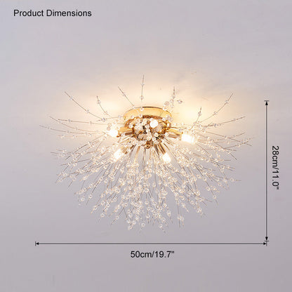 Lámpara de techo de montaje empotrado con diseño de diente de león de cristal: accesorio de 16 pulgadas en dorado y plateado para dormitorio, pasillo y baño