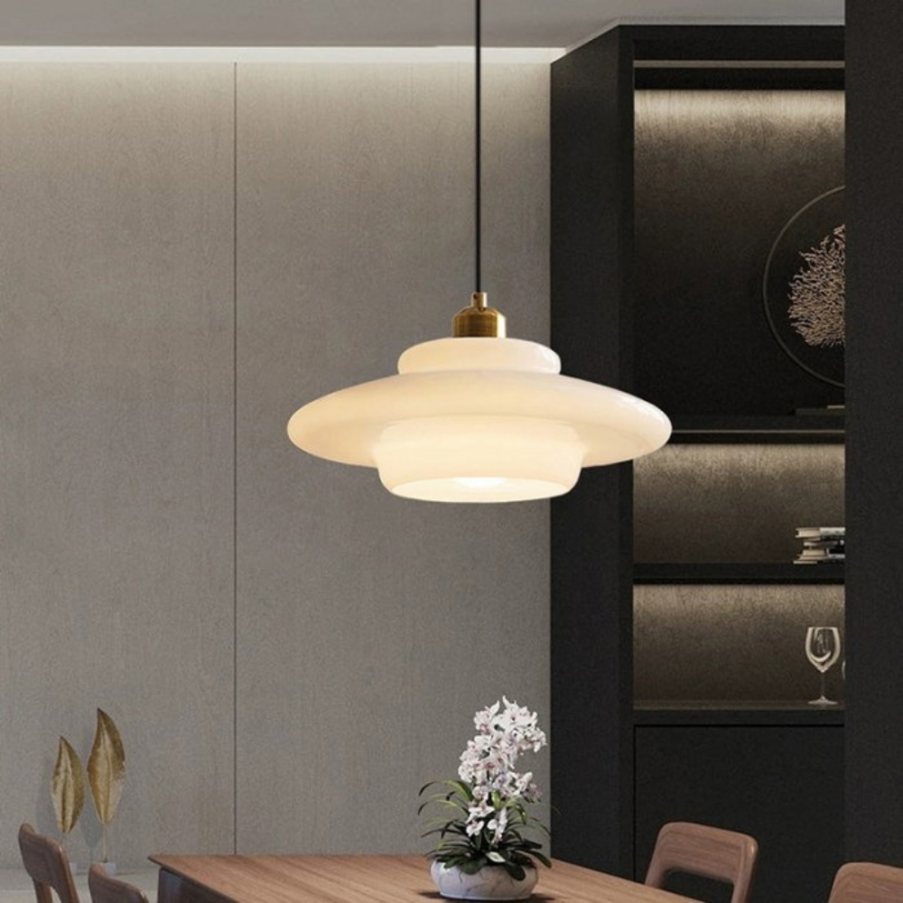 Tiered Glass Hanging Fixture with Brass Frame in Gold – 12-Inch Statement Lamp for Dining Rooms, Bedrooms & Hallways – Art Deco Style Ceilin