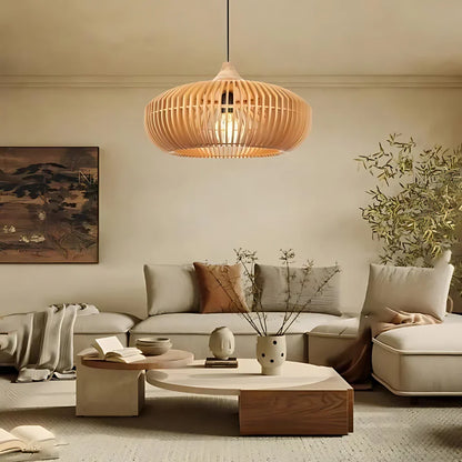 Lámpara de techo redonda de listones de madera natural de 17 pulgadas estilo Japandi, luz colgante ambiental para mesa de comedor, isla de cocina o sala de estar