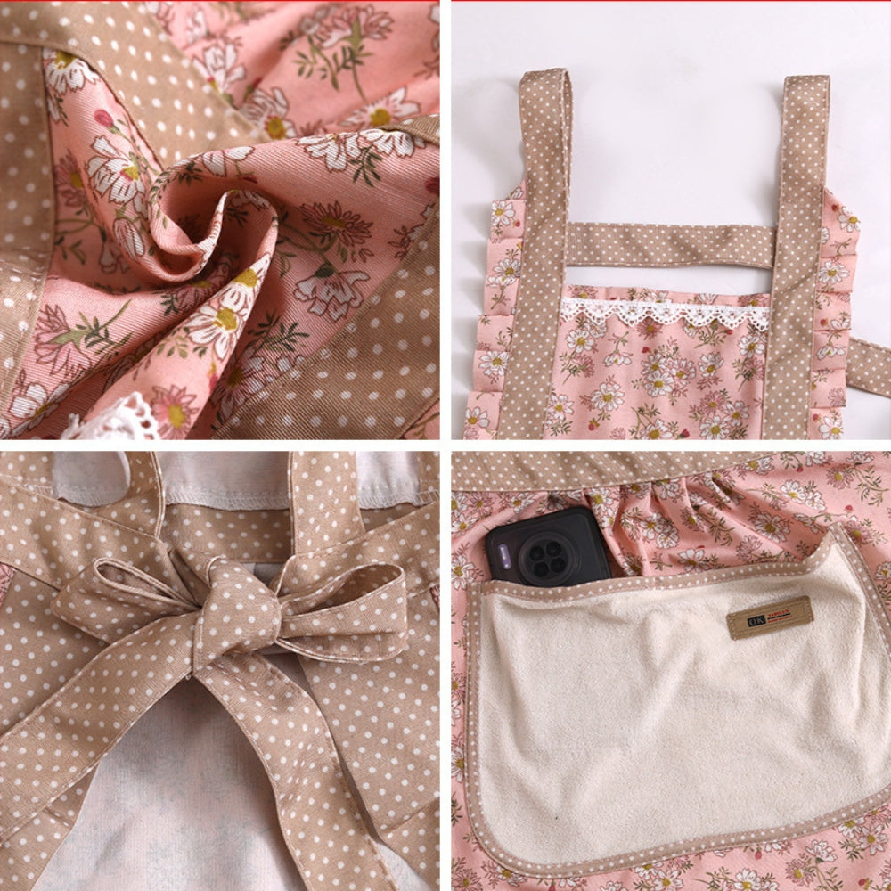 Delantal de cocina de algodón con estampado floral y bolsillos: delantal de cocina impermeable y resistente al aceite para mujer: delantal de chef ajustable para el hogar y restaurantes