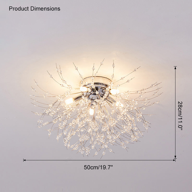 Lámpara de techo de montaje empotrado con diseño de diente de león de cristal: accesorio de 16 pulgadas en dorado y plateado para dormitorio, pasillo y baño