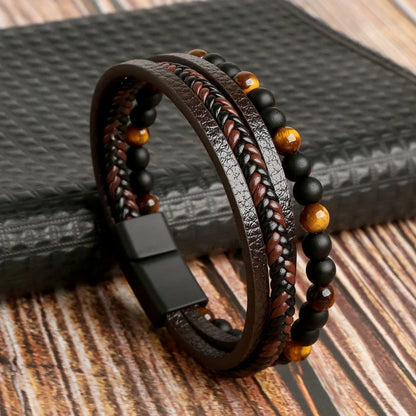 Men's Multi-Strand Magnetic Bracelet – Braided Leather & Beaded Layers for Everyday Style