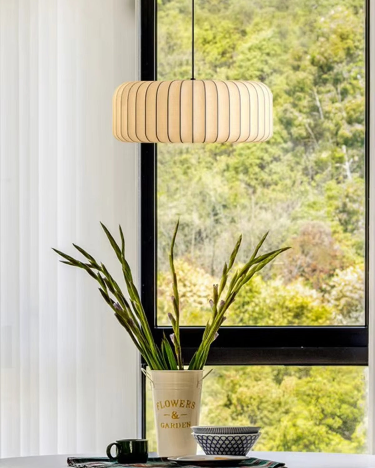 Fabric Drum Shade Hanging Light 22-Inch Neutral Tone for Dining Room Kitchen Island Modern Japandi Style E27 Socket