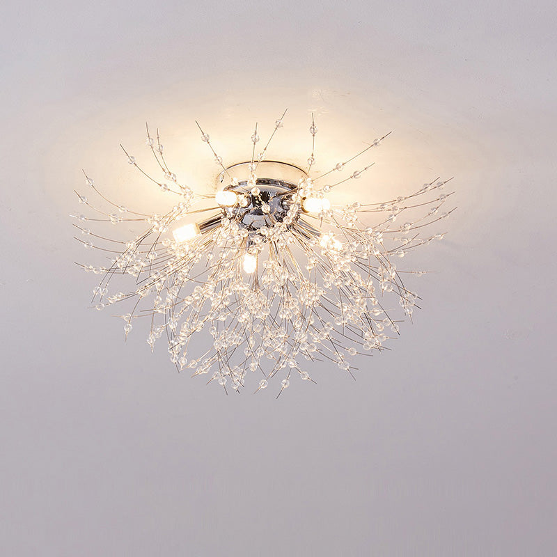 Lámpara de techo de montaje empotrado con diseño de diente de león de cristal: accesorio de 16 pulgadas en dorado y plateado para dormitorio, pasillo y baño