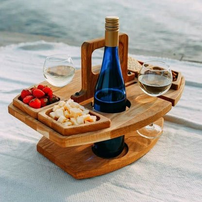 Outdoor Wine & Cheese Picnic Table Set – Folding Oak Wood Wine Holder with Glass & Snack Tray for Beach, Garden, Camping & Patio