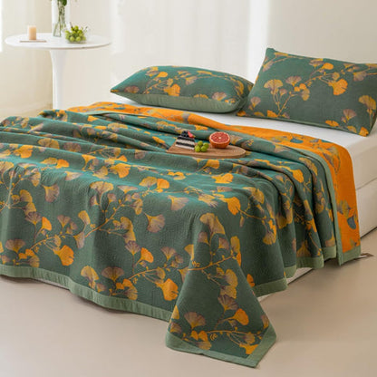Glenna Coverlet - Reversible Jacquard Floral Cotton Blend, Green and yellow