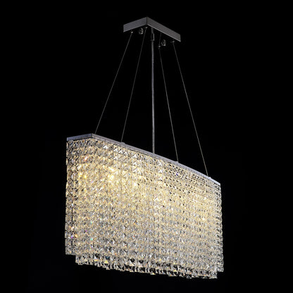 Linear Crystal Chandelier Chrome Finish Rectangular Dining Room Light Fixture Adjustable Height for Kitchen Island Living Room