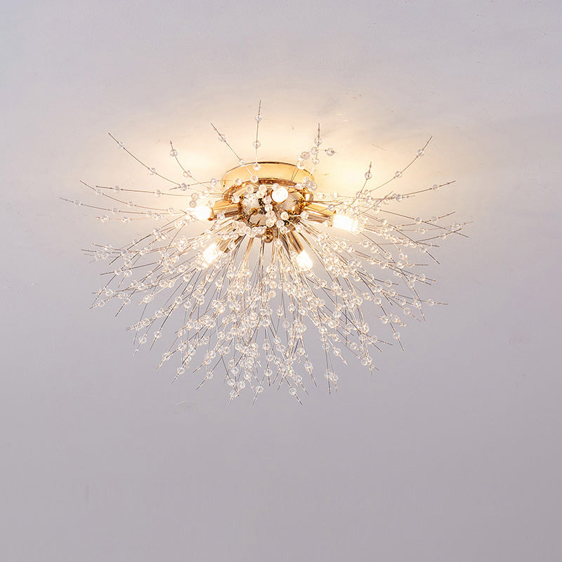 Lámpara de techo de montaje empotrado con diseño de diente de león de cristal: accesorio de 16 pulgadas en dorado y plateado para dormitorio, pasillo y baño