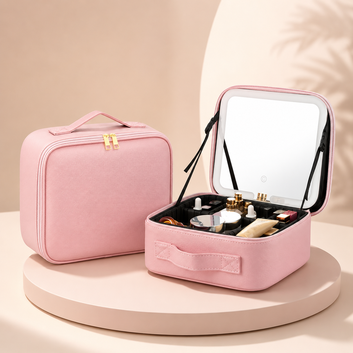 Elegante estuche de viaje para maquillaje con espejo LED y almacenamiento ajustable | El organizador perfecto para tu belleza en cualquier lugar