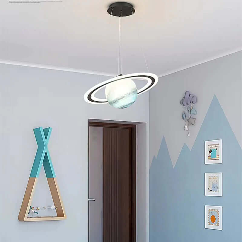 Space Planet LED Pendant Light for Kids Room – Glowing Saturn & Earth Ceiling Lamp with Astronaut Option
