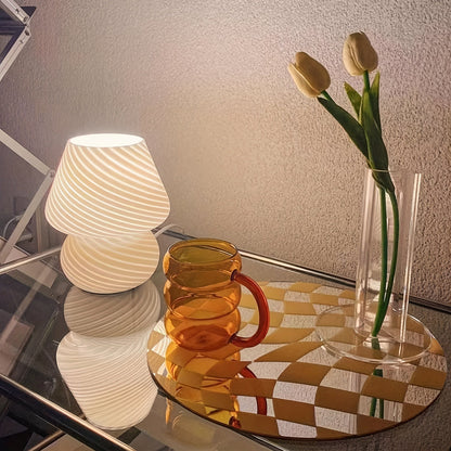 Hand-Blown Glass Mushroom Table Lamp USB Dimmable LED Bedside Light Retro Swirl Accent Lighting for Bedroom Living Room Desk