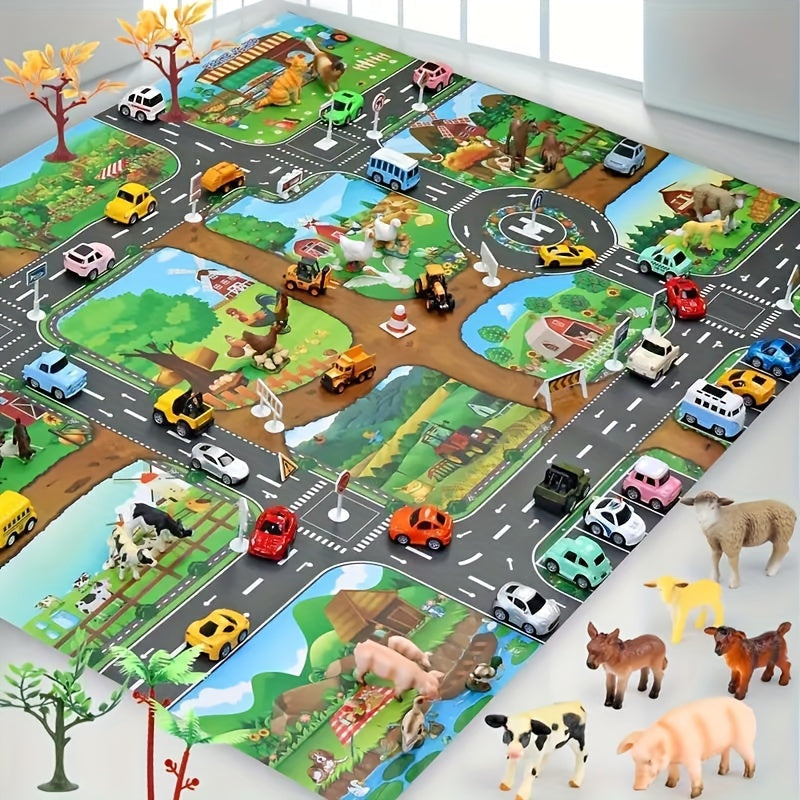 Kids Activity Floor Mat 39 x 51 Inches Woven Non-Slip Farm Road Design for Playrooms Bedrooms Nursery Interactive Rug