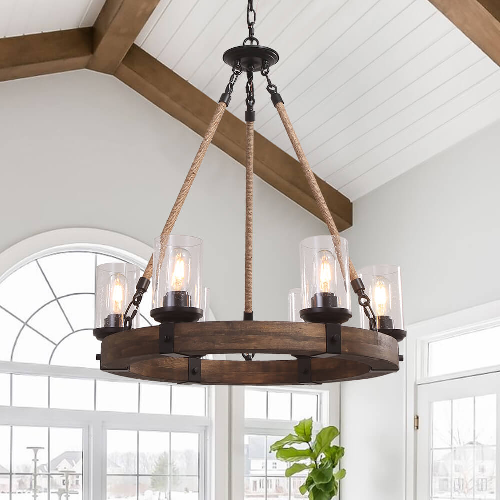 Rustic Circular Chandelier 6-Bulb Hemp Rope Pendant Brown Wood Ring Seeded Glass Shades Farmhouse Dining Room Entryway Hardwired Ceiling
