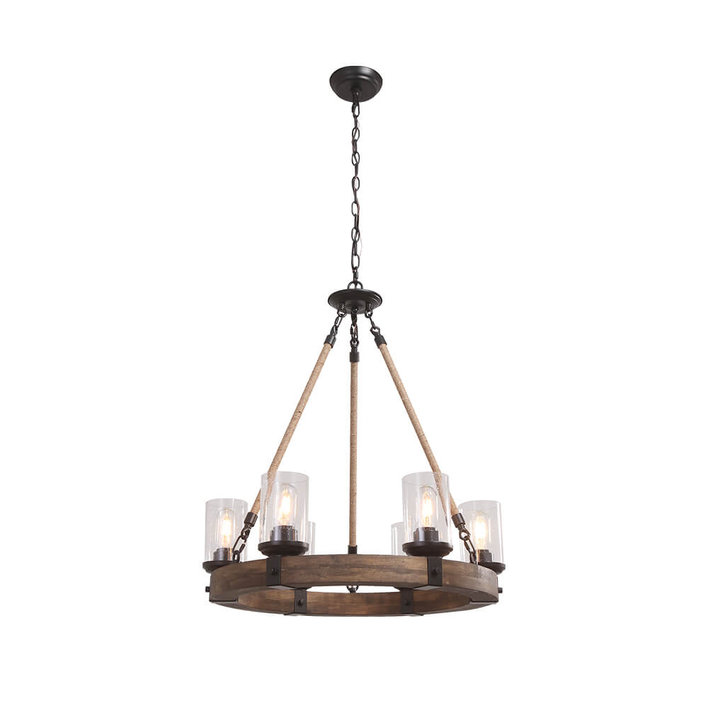 Rustic Circular Chandelier 6-Bulb Hemp Rope Pendant Brown Wood Ring Seeded Glass Shades Farmhouse Dining Room Entryway Hardwired Ceiling