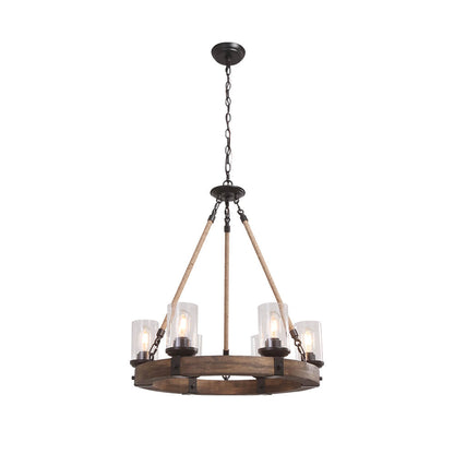 Rustic Circular Chandelier 6-Bulb Hemp Rope Pendant Brown Wood Ring Seeded Glass Shades Farmhouse Dining Room Entryway Hardwired Ceiling