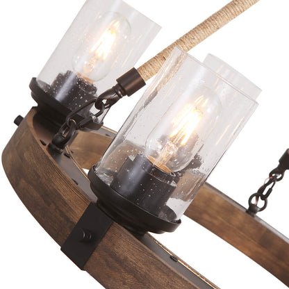 Rustic Circular Chandelier 6-Bulb Hemp Rope Pendant Brown Wood Ring Seeded Glass Shades Farmhouse Dining Room Entryway Hardwired Ceiling